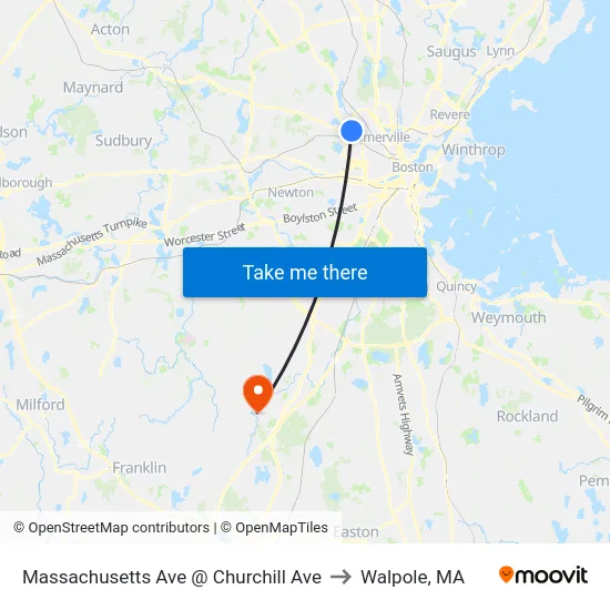 Massachusetts Ave @ Churchill Ave to Walpole, MA map