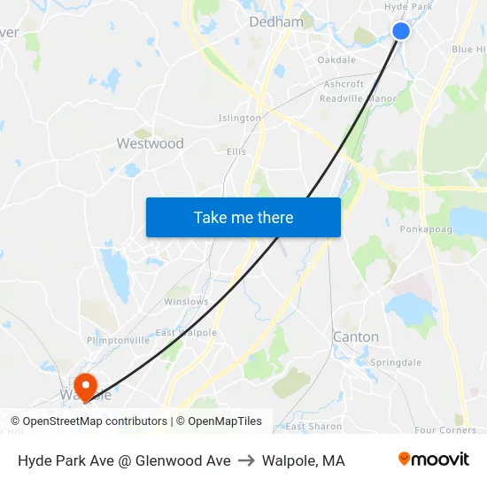 Hyde Park Ave @ Glenwood Ave to Walpole, MA map