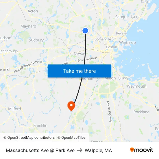 Massachusetts Ave @ Park Ave to Walpole, MA map