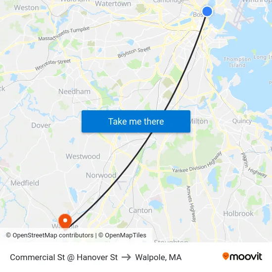 Commercial St @ Hanover St to Walpole, MA map
