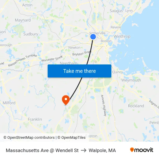 Massachusetts Ave @ Wendell St to Walpole, MA map
