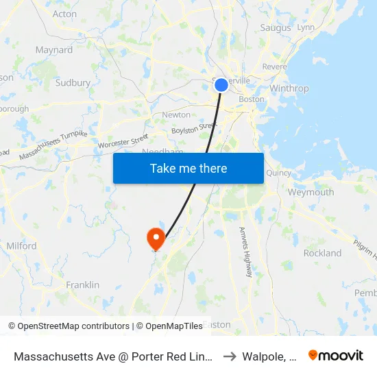 Massachusetts Ave @ Porter Red Line Sta to Walpole, MA map