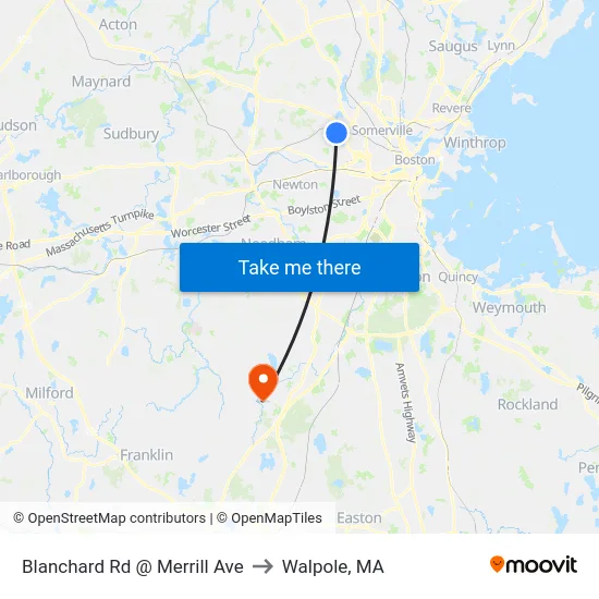 Blanchard Rd @ Merrill Ave to Walpole, MA map