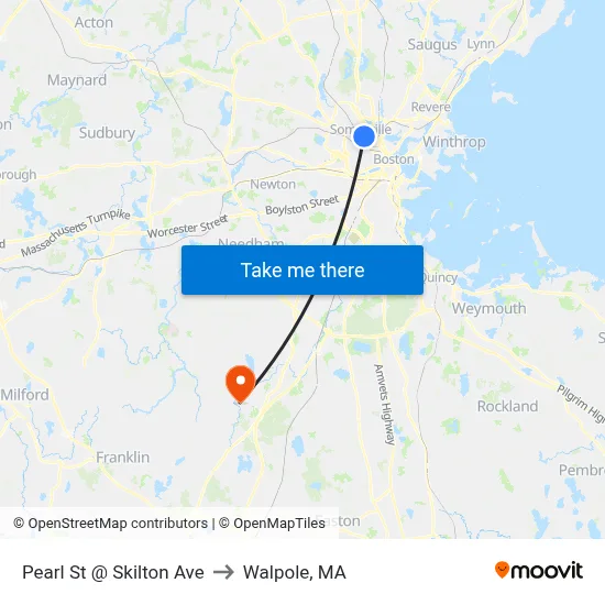 Pearl St @ Skilton Ave to Walpole, MA map