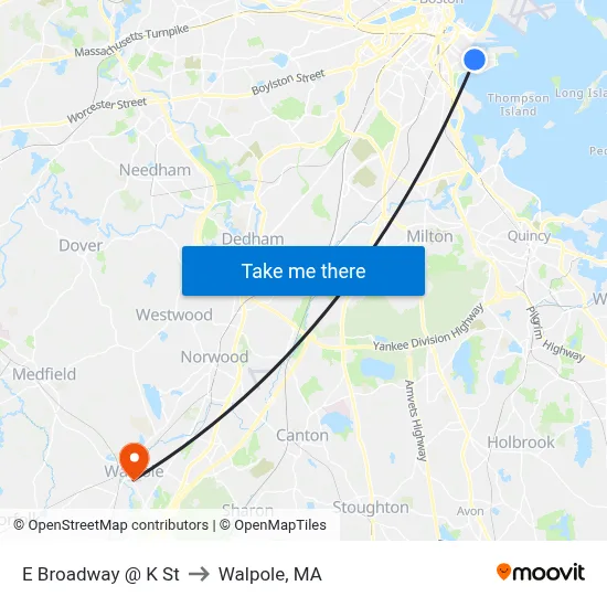 E Broadway @ K St to Walpole, MA map