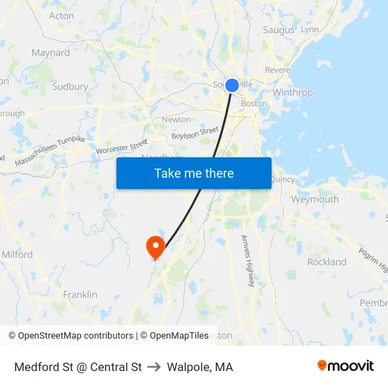 Medford St @ Central St to Walpole, MA map