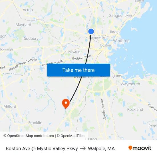 Boston Ave @ Mystic Valley Pkwy to Walpole, MA map
