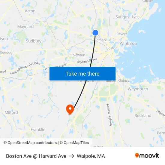 Boston Ave @ Harvard Ave to Walpole, MA map
