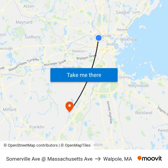 Somerville Ave @ Massachusetts Ave to Walpole, MA map