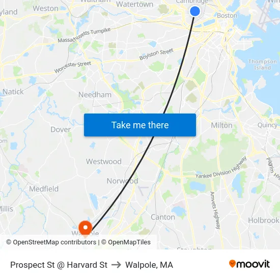 Prospect St @ Harvard St to Walpole, MA map