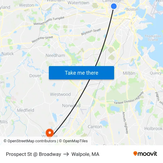 Prospect St @ Broadway to Walpole, MA map