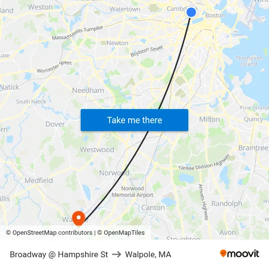 Broadway @ Hampshire St to Walpole, MA map
