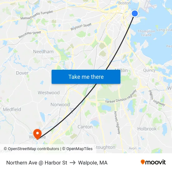 Northern Ave @ Harbor St to Walpole, MA map