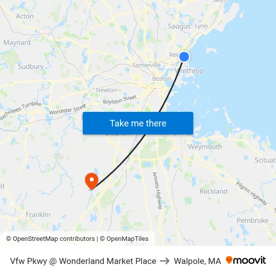Vfw Pkwy @ Wonderland Market Place to Walpole, MA map