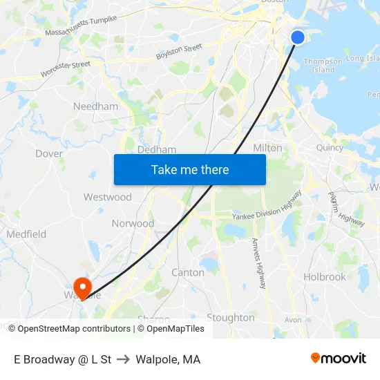E Broadway @ L St to Walpole, MA map