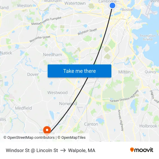 Windsor St @ Lincoln St to Walpole, MA map