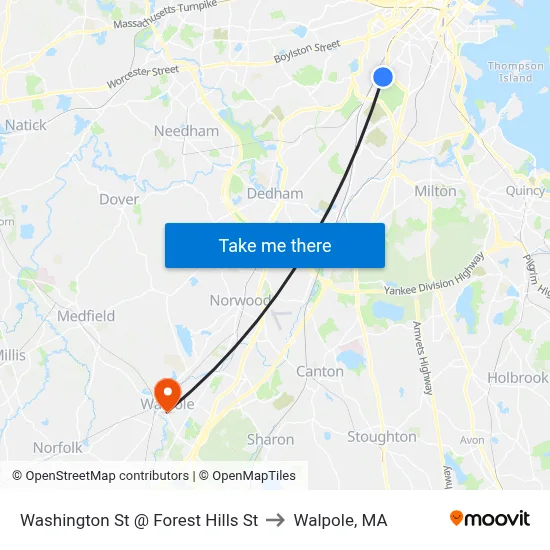 Washington St @ Forest Hills St to Walpole, MA map