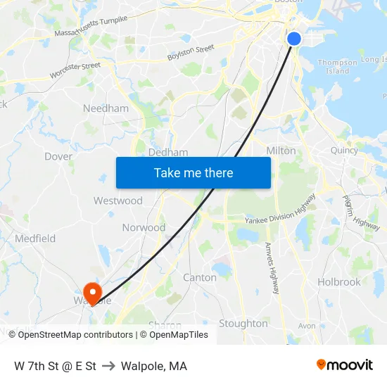W 7th St @ E St to Walpole, MA map
