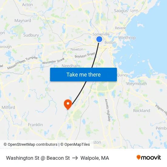 Washington St @ Beacon St to Walpole, MA map