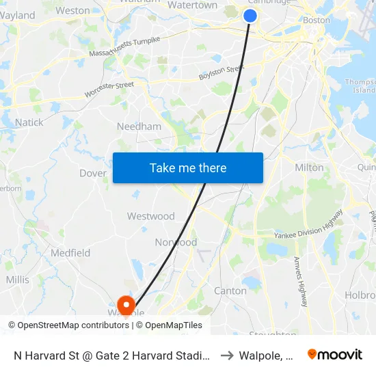 N Harvard St @ Gate 2 Harvard Stadium to Walpole, MA map