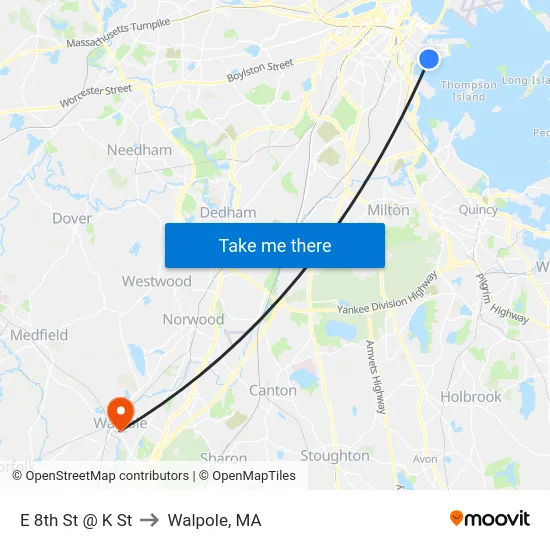 E 8th St @ K St to Walpole, MA map