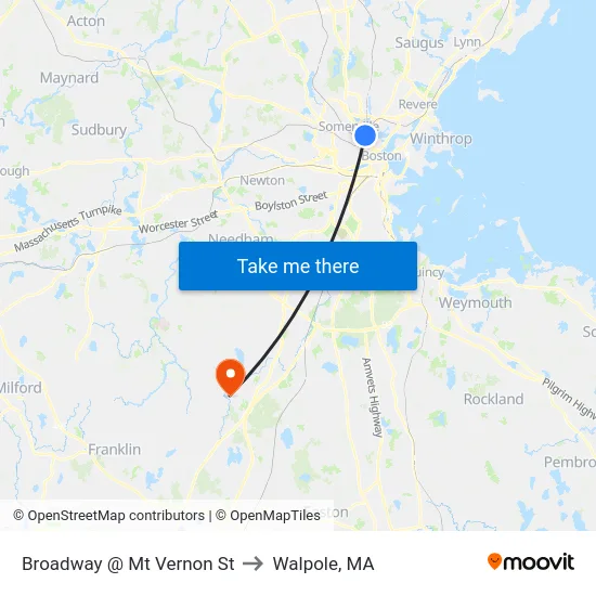 Broadway @ Mt Vernon St to Walpole, MA map