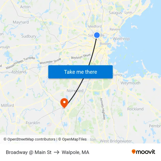 Broadway @ Main St to Walpole, MA map