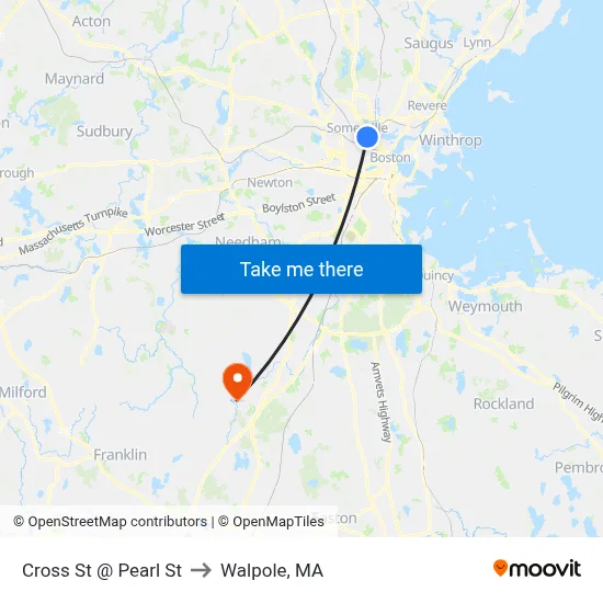 Cross St @ Pearl St to Walpole, MA map