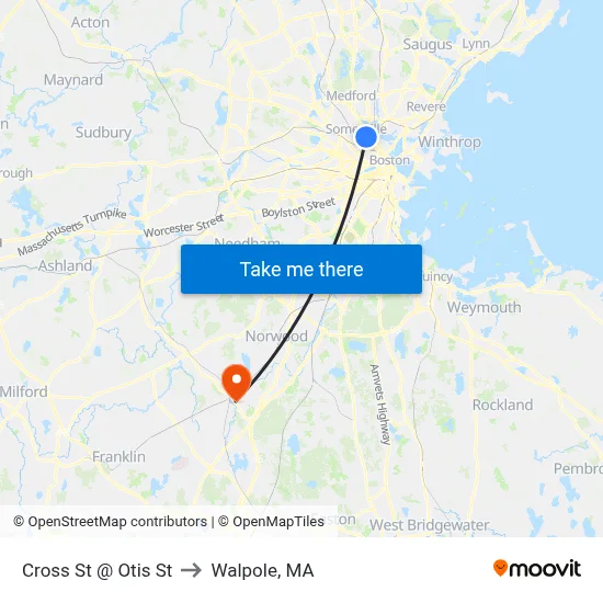 Cross St @ Otis St to Walpole, MA map