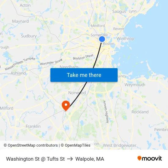 Washington St @ Tufts St to Walpole, MA map
