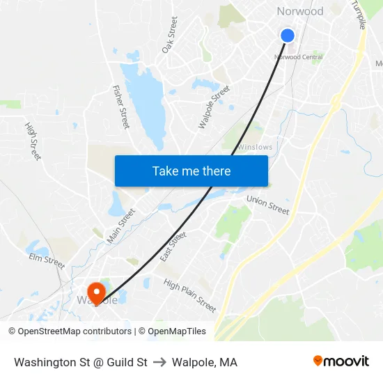 Washington St @ Guild St to Walpole, MA map