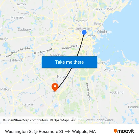 Washington St @ Rossmore St to Walpole, MA map