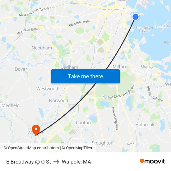 E Broadway @ O St to Walpole, MA map