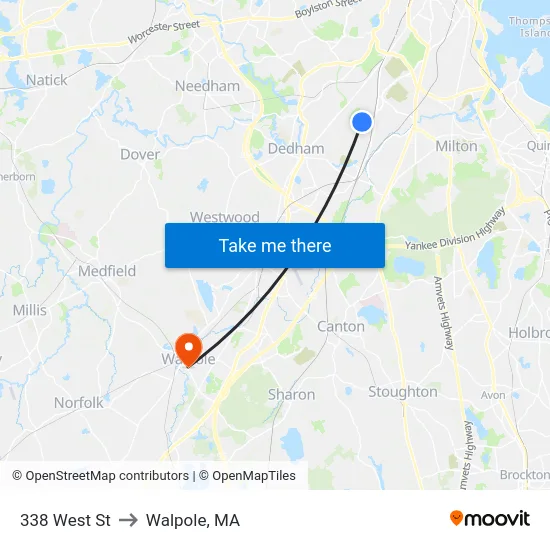 338 West St to Walpole, MA map
