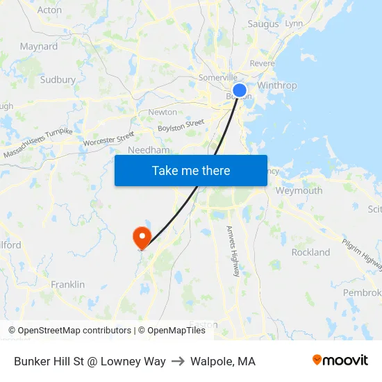 Bunker Hill St @ Lowney Way to Walpole, MA map