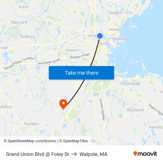 Grand Union Blvd @ Foley St to Walpole, MA map