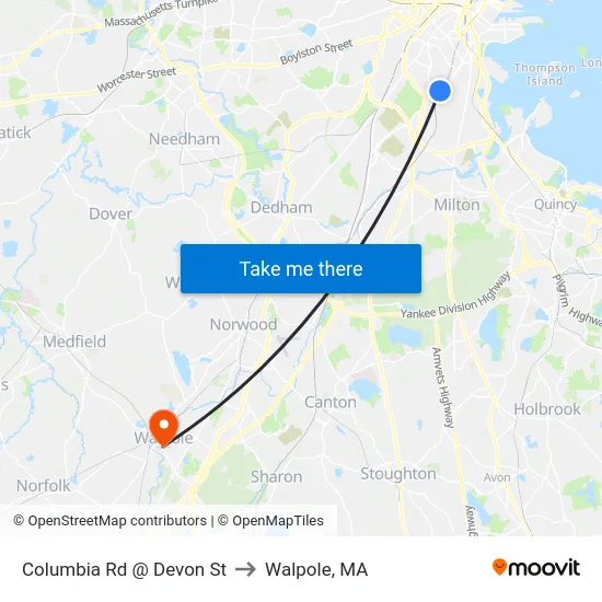 Columbia Rd @ Devon St to Walpole, MA map