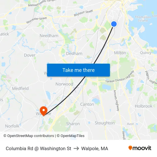 Columbia Rd @ Washington St to Walpole, MA map