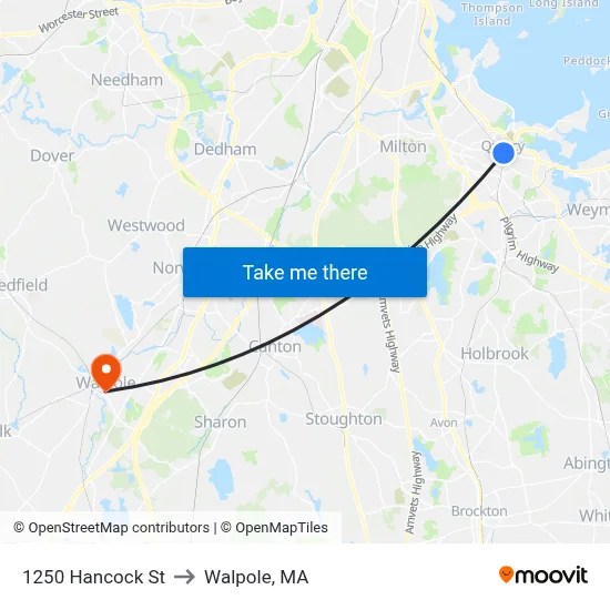 1250 Hancock St to Walpole, MA map