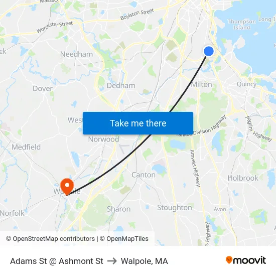 Adams St @ Ashmont St to Walpole, MA map