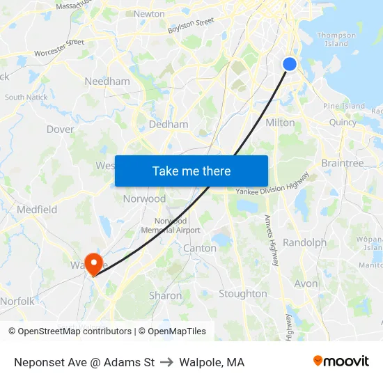 Neponset Ave @ Adams St to Walpole, MA map