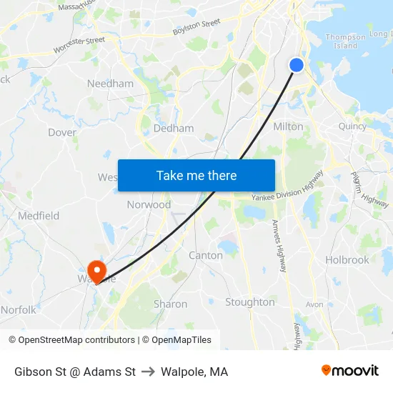 Gibson St @ Adams St to Walpole, MA map