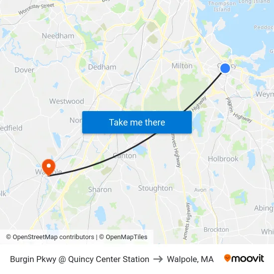 Burgin Pkwy @ Quincy Center Station to Walpole, MA map