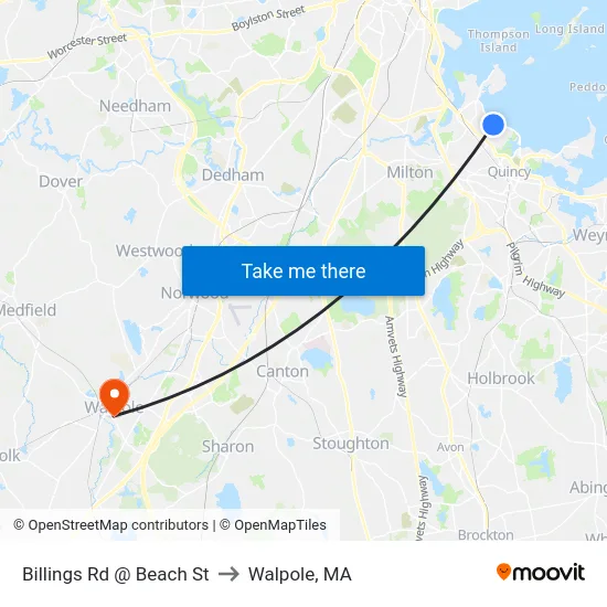 Billings Rd @ Beach St to Walpole, MA map
