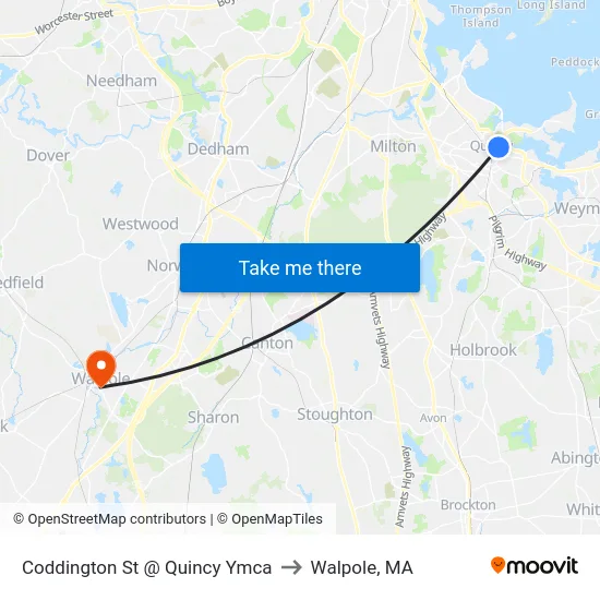 Coddington St @ Quincy Ymca to Walpole, MA map