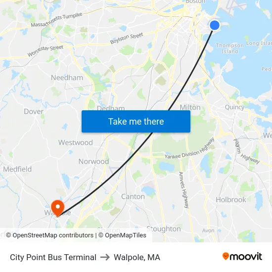 City Point Bus Terminal to Walpole, MA map