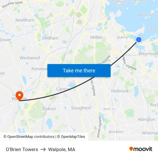 O'Brien Towers to Walpole, MA map
