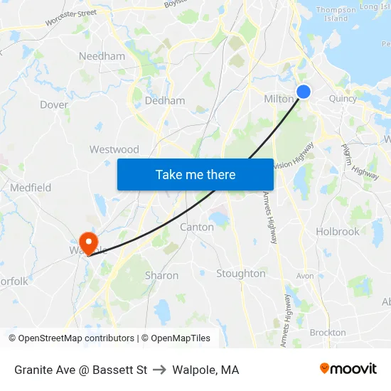 Granite Ave @ Bassett St to Walpole, MA map