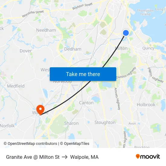 Granite Ave @ Milton St to Walpole, MA map