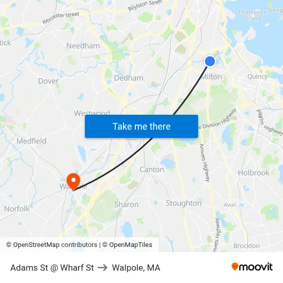 Adams St @ Wharf St to Walpole, MA map